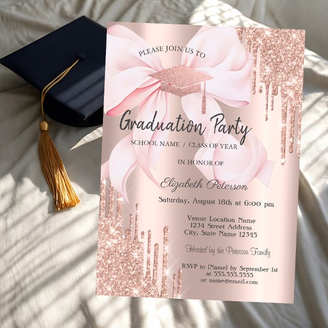 Invitación Rose Gold Grad Cap Glitter Drips Bow Graduation (Subido por el creador)