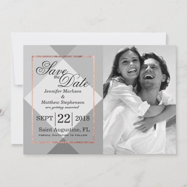 Invitación Rose Gold Gris Geo Save the Dates (Anverso)