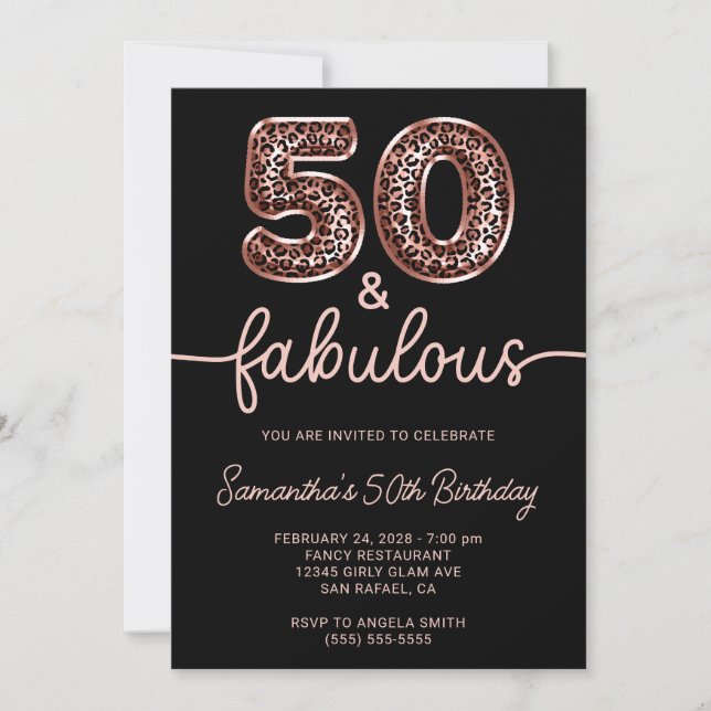 Invitación Rose Gold Leopard Balloon Number 50 and Fabulous (Anverso)