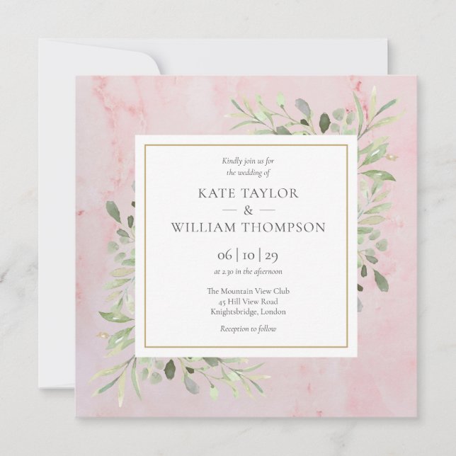 Invitación Rose Gold Marble Greenery Wedding (Anverso)