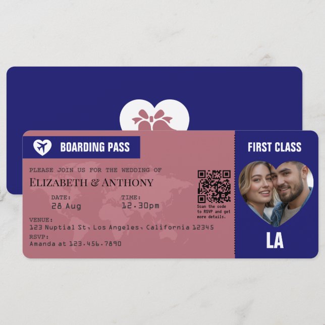 Invitación Rose Gold & Midnight Blue Boarding Pass Wedding (Anverso / Reverso)