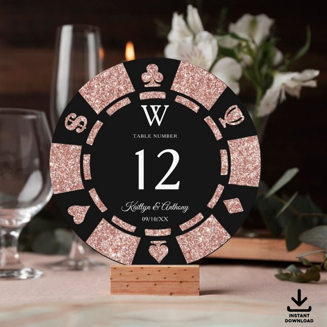 Invitación Rose Gold Monogram Poker Chip Casino Wedding (Subido por el creador)