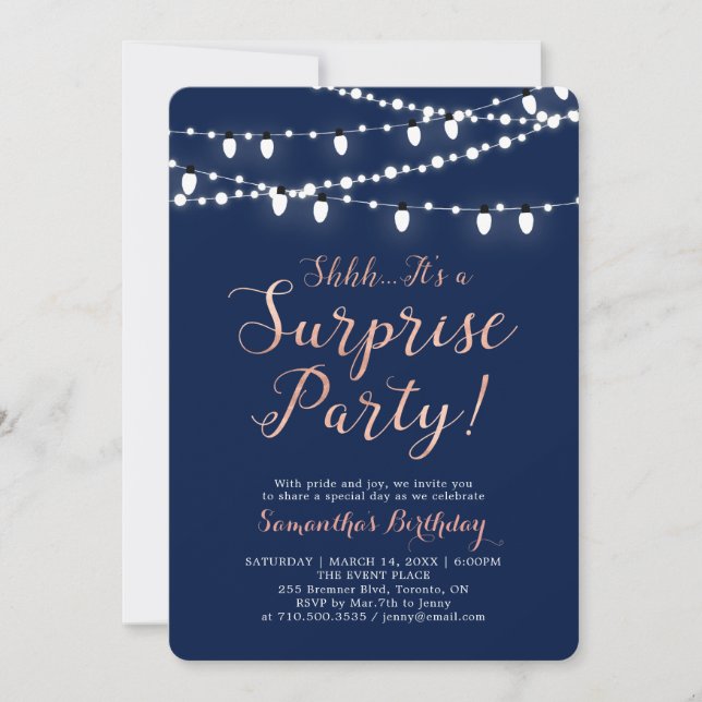Invitación Rose Gold & Navy | Fiesta de Cumpleaños Sorpresa M (Anverso)