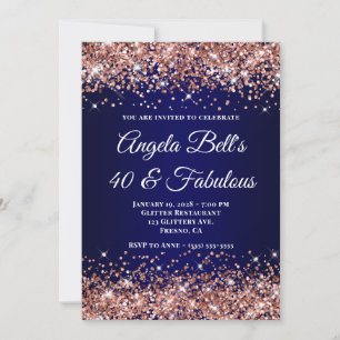 Invitación Rose Gold Purpurina Ombre Azul Marino 40 y Fabulos