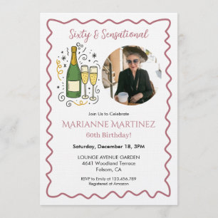 Invitación Rose Gold Sesenta y Sensacional Foto Cumpleaños 60
