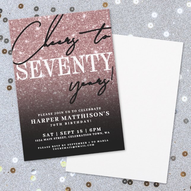 Invitación Rose Gold Seventy 70th Birthday (Black Rose Gold Seventy 70th Birthday Invitation)