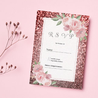 Invitación Rose gold silver glitter pink floral RSVP