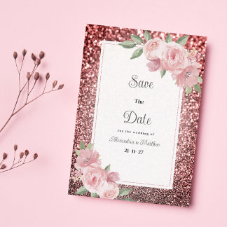 Invitación Rose gold silver glitter pink floral Save The Date