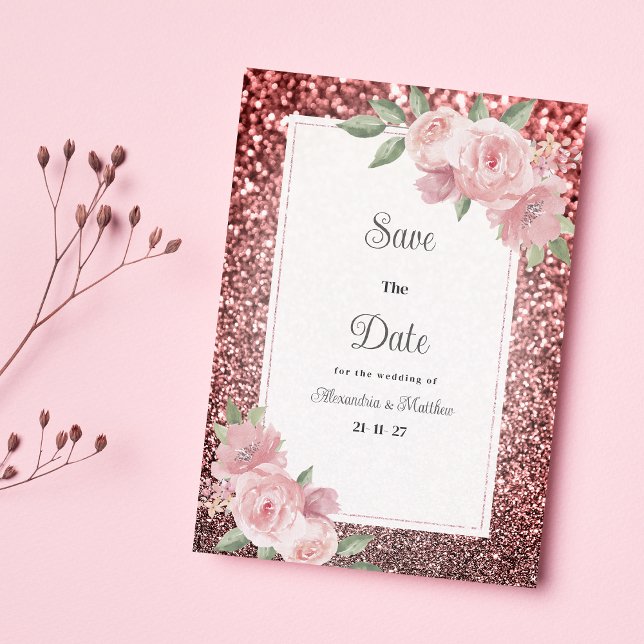 Invitación Rose gold silver glitter pink floral Save The Date (Rose gold silver glitter pink floral Save The Date )
