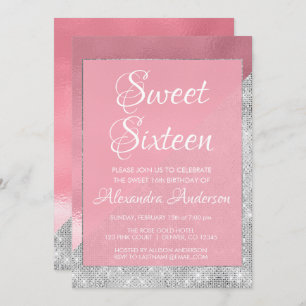 Invitación Rose Gold & Silver Sparkle Sweet 16 Birthday