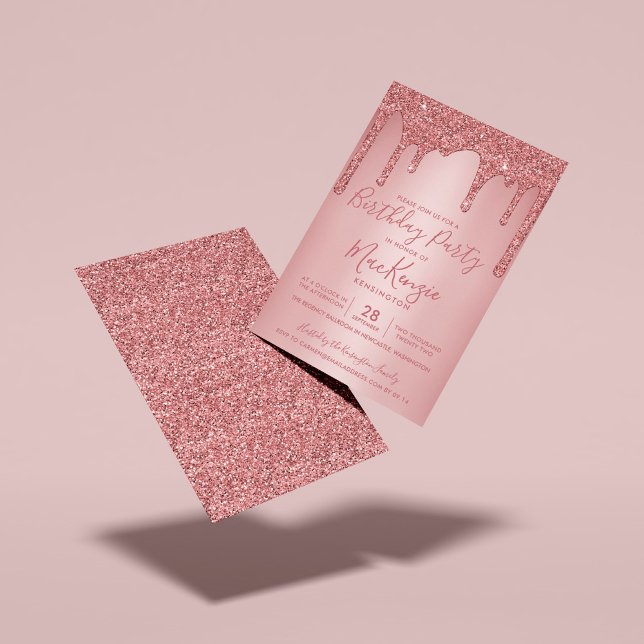 Invitación Rose Gold Sparkle Glitter Drips Any Year Birthday (Rose Gold Dripping Glitter Birthday Party Invitations)