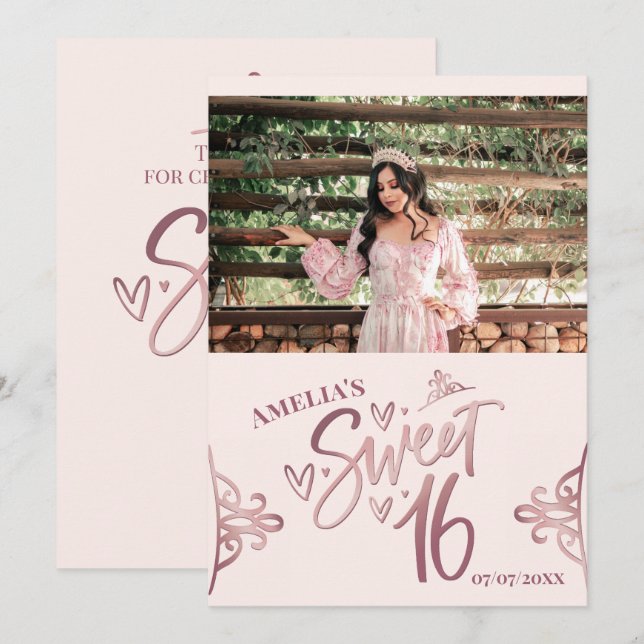 Invitación Rose Gold Sweet 16 Thank you card Template (Anverso / Reverso)