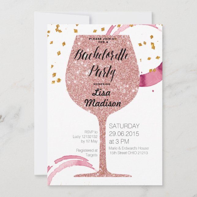 Invitación Rose Gold Wine Bachelorette Party (Anverso)