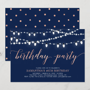 Invitación Rose Gold y Azul Marino   Cumpleaños 40 de Mujeres