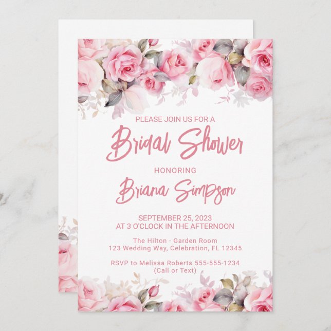 Invitación Rose Pink Floral Bridal Shower  (Anverso / Reverso)