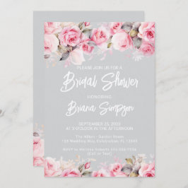 Invitación Rose Pink Floral Gray Bridal Shower 