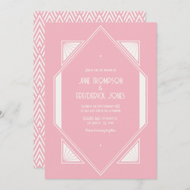Invitación Rose Quartz & Soft Ivory Art Deco Wedding Photo (Anverso / Reverso)