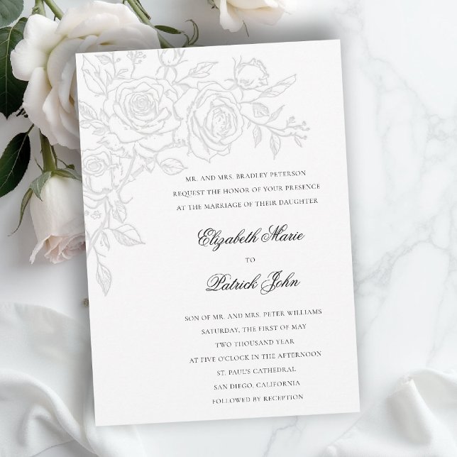 Invitación Rose Theme Beloved White Formal Classic Wedding (formal traditional wedding invitation roses theme floral modern classic luxury pure white)