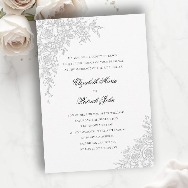 Invitación Rose Theme Graceful White Formal Classic Wedding (formal traditional wedding invitation roses theme floral frame modern classic luxury pure white)