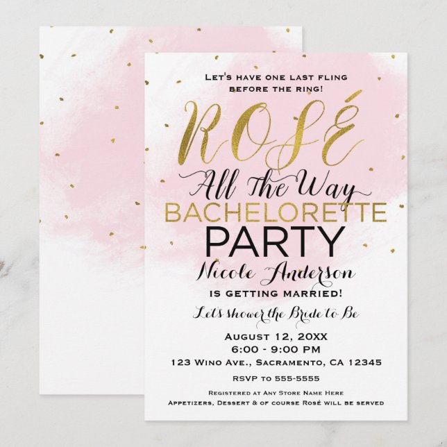 Invitación Rosé todo el camino Bachelorette Party Pink & Gold (Anverso / Reverso)