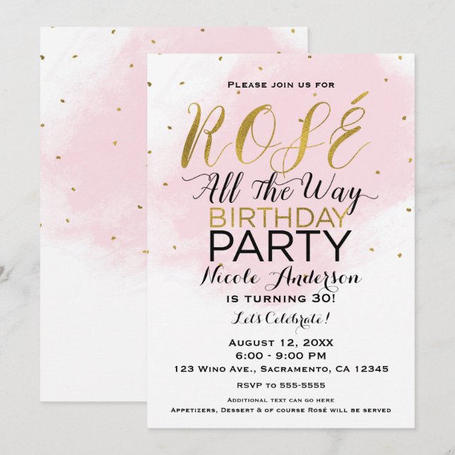 Invitación Rosé todo el camino Fiesta de Cumpleaños Rosa y Or (Anverso / Reverso)