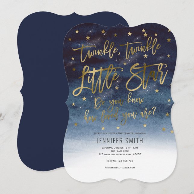 Invitación Rosegold, Twinkle Twinkle Little Stars, Baby Showe (Anverso / Reverso)