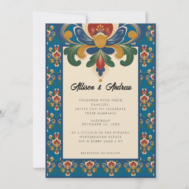 Invitación Rosemaling noruego | Boda azul (Anverso)