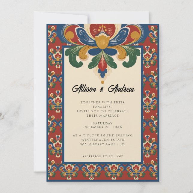 Invitación Rosemaling noruego | Boda roja (Anverso)