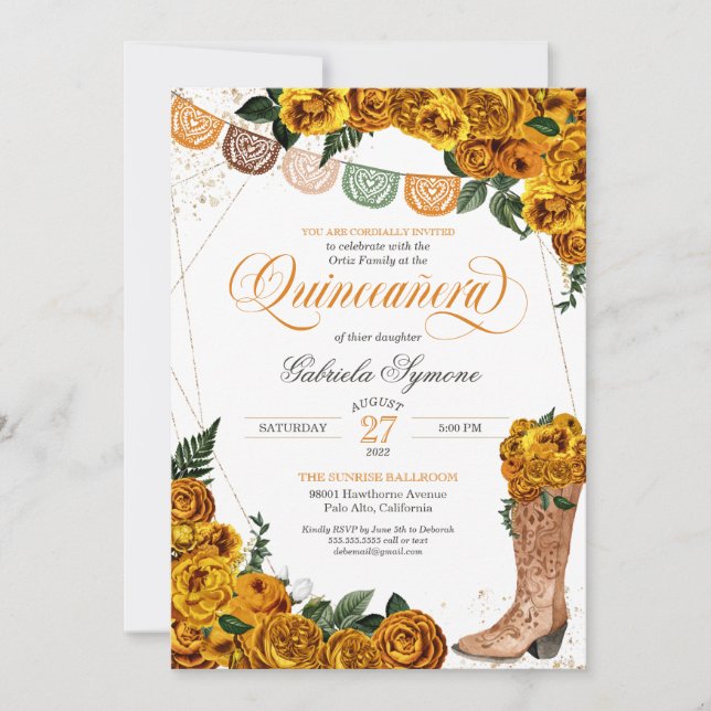 Invitación Roses amarillas de oro Charra Cowgirl Quinceañera (Anverso)
