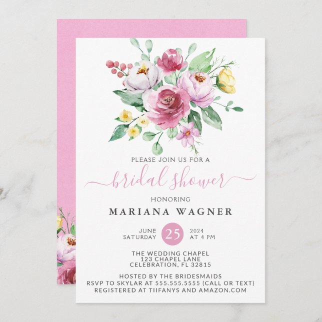 Invitación Roses amarillas rosadas Floral Ducha de novia (Anverso / Reverso)