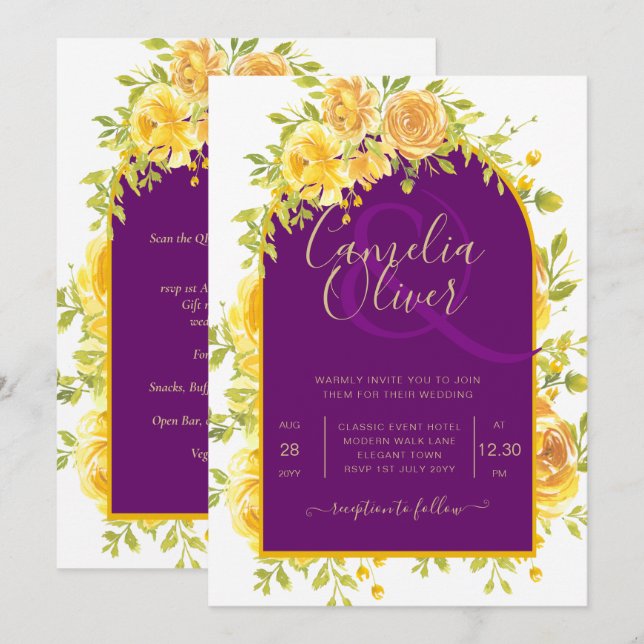 Invitación Roses Amarillos Magenta Pluma Boda de Oro Púrpura (Anverso / Reverso)