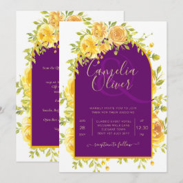 Invitación Roses Amarillos Magenta Pluma Boda de Oro Púrpura