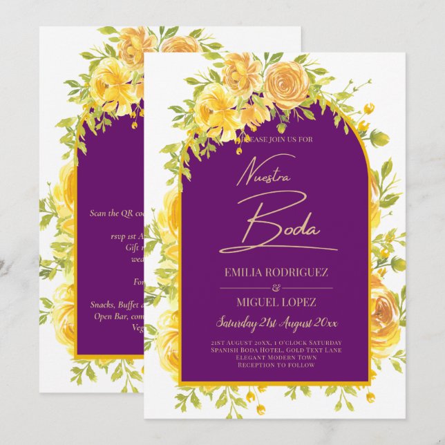 Invitación Roses Amarillos Magenta Pluma Boda de Oro Púrpura (Anverso / Reverso)