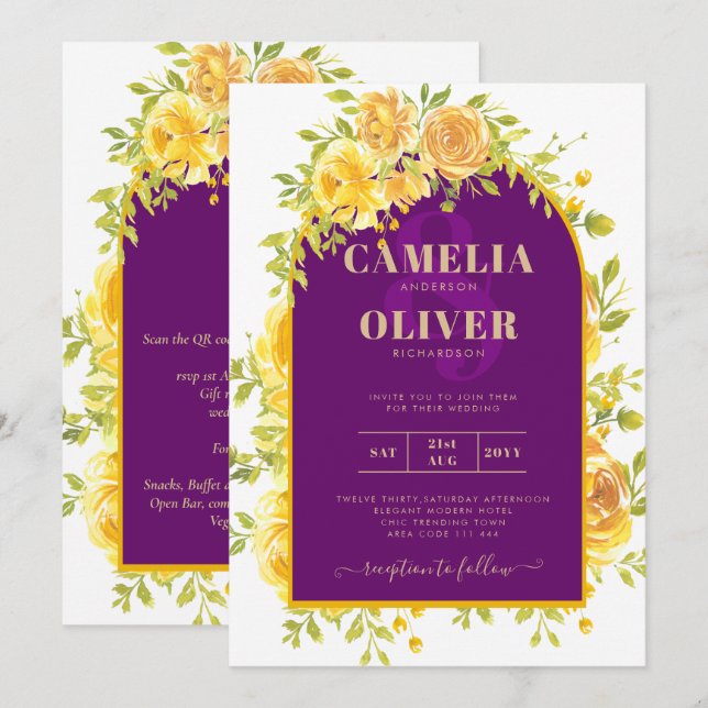 Invitación Roses Amarillos Magenta Pluma Boda de Oro Púrpura (Anverso / Reverso)