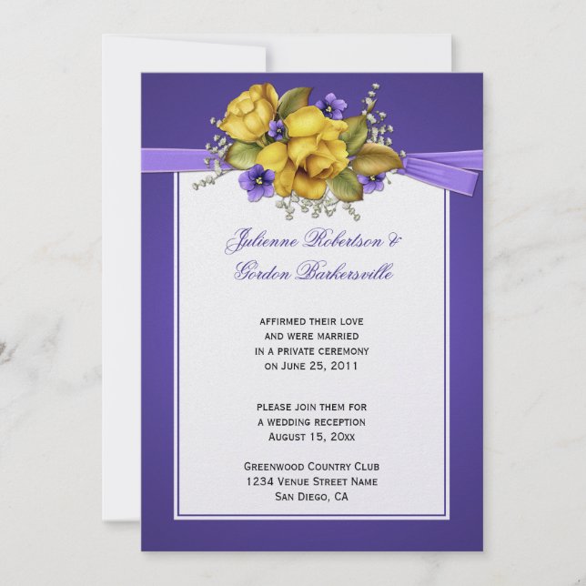 Invitación Roses amarillos Violetas púrpura Boda posterior (Anverso)