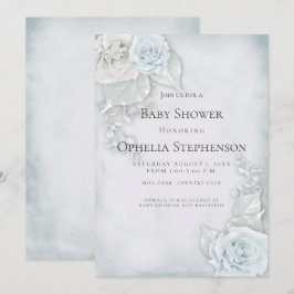 Invitación Roses blancas azules y pálidas de Baby Shower