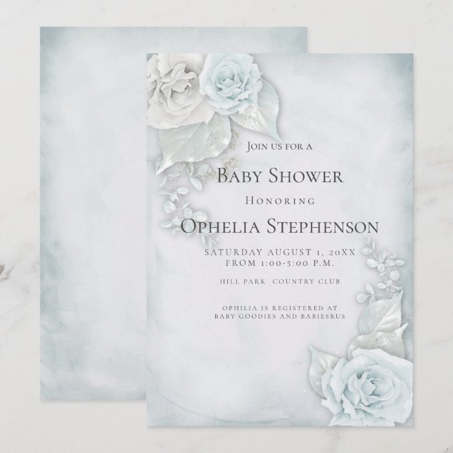 Invitación Roses blancas azules y pálidas de Baby Shower (Anverso / Reverso)