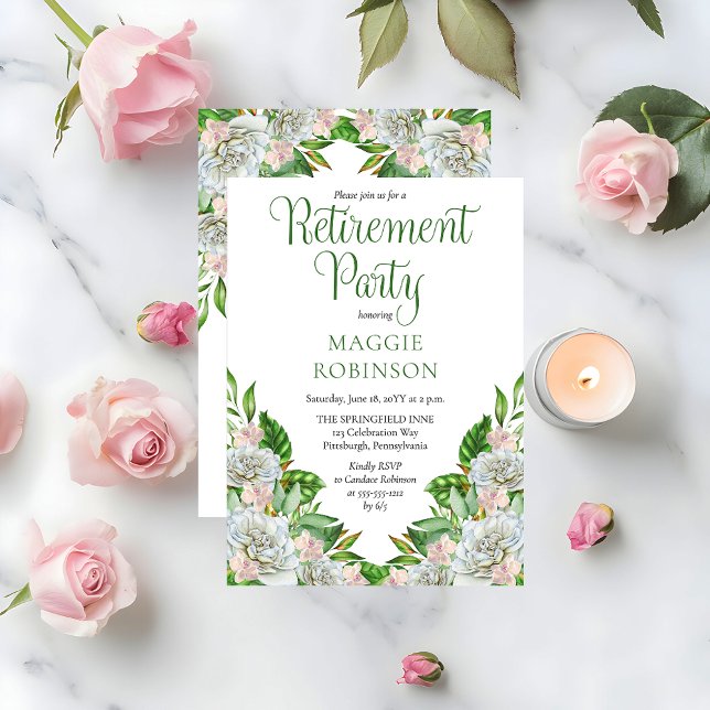 Invitación Roses blancas de Boho | Fiesta de Jubilación Orquí (Elegant Boho White Roses and Orchids Floral Retirement Party Invitation - Print | Digital Download)
