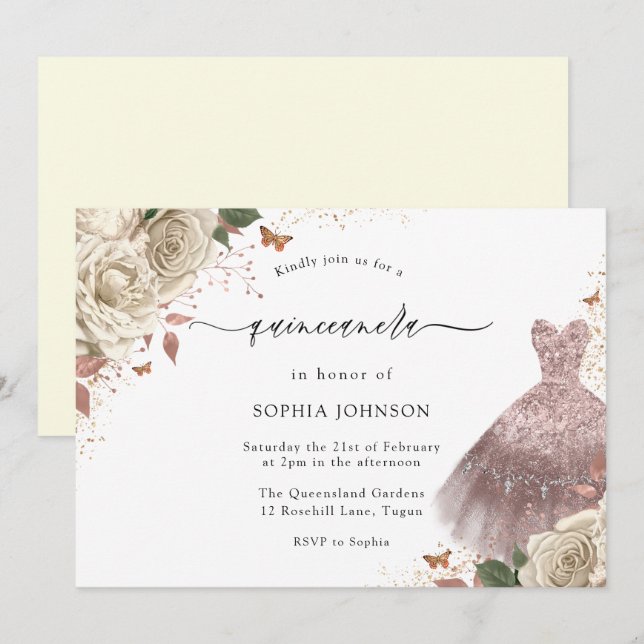 Invitación Roses Blancas Rosa Vestido de Esparkle de Oro Quin (Anverso / Reverso)