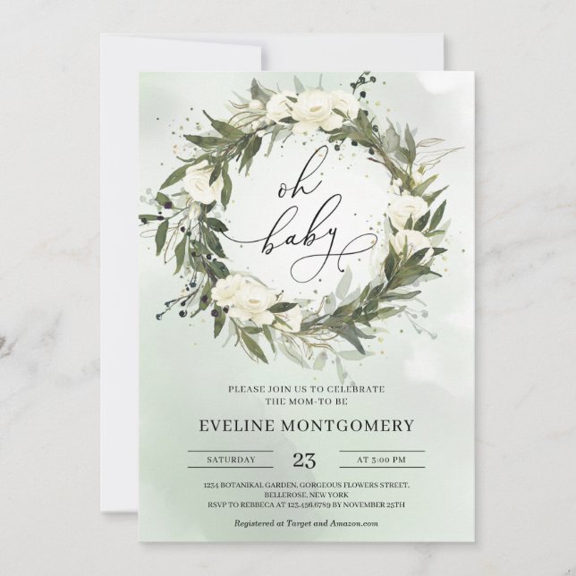 Invitación Roses blancos modernos y verdes Oh Baby Shower (Anverso)