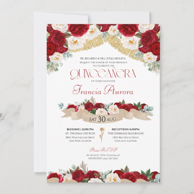 Invitación Roses Blancos Rojos Peonies Elegantes Quinceanera  (Anverso)