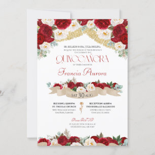 Invitación Roses Blancos Rojos Peonies Elegantes Quinceanera 