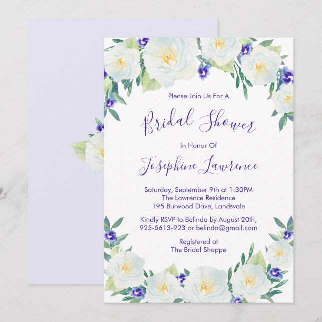 Invitación Roses blancos y violetas acuarela ducha de novias (Anverso / Reverso)