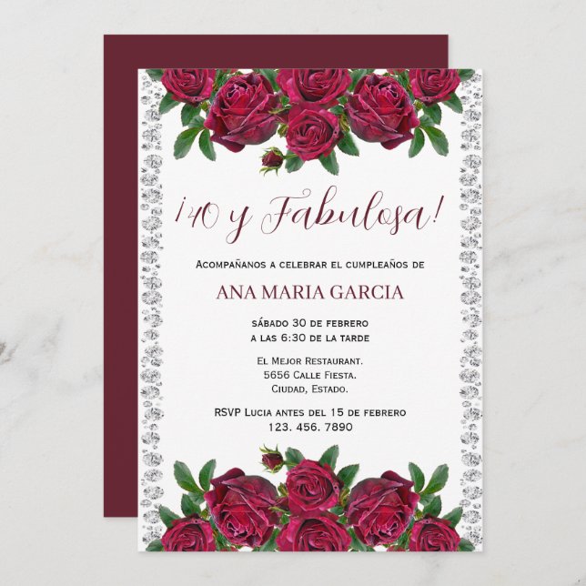 Invitación Roses & Diamonds Feminine 40th Birthday Spanish (Anverso / Reverso)