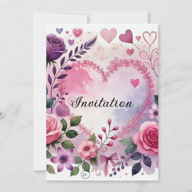 Invitación Roses hearts Valentine floral pastel watercolor (Anverso)
