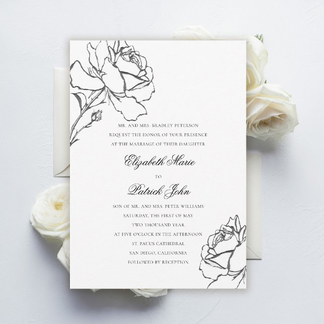 Invitación Roses Modern Classic Formal Parents Host Wedding (black and white wedding invitation roses floral formal traditional modern classic parents host)