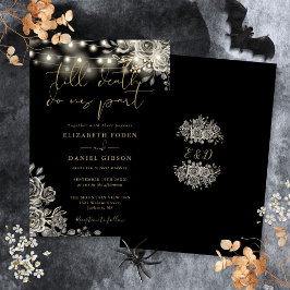 Invitación Roses Negros Y Oro Luces Florales Boda Gótica