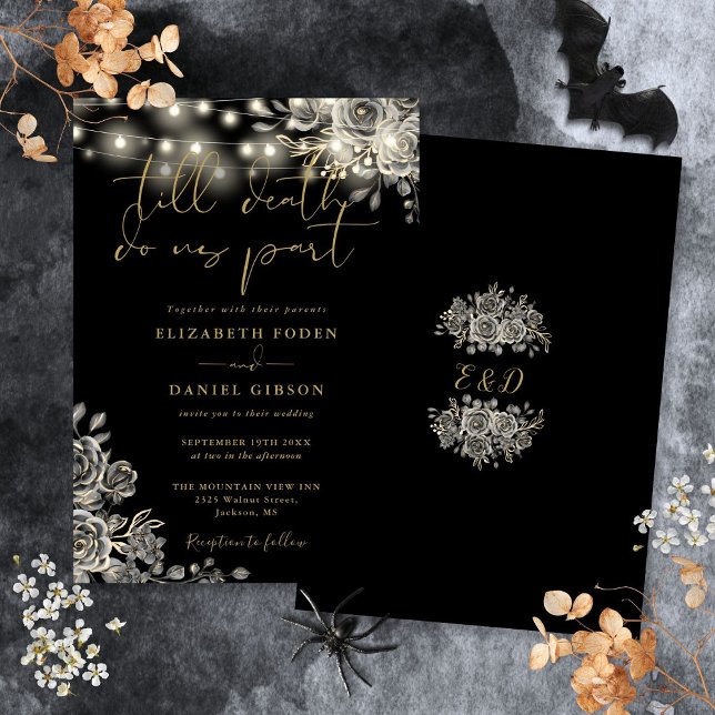 Invitación Roses Negros Y Oro Luces Florales Boda Gótica (Black And Gold Roses Floral Lights Gothic Wedding Invitation)