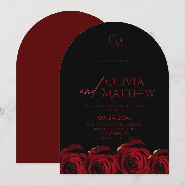 Invitación Roses Red Black Burgundy Wedding (Anverso / Reverso)