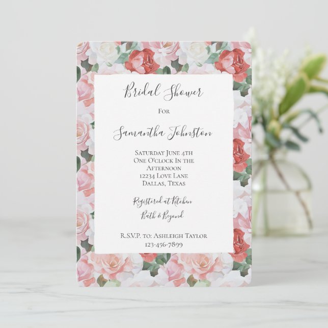 Invitación Roses rojas blancas rojas Floral Bridal Shower (Anverso de pie)
